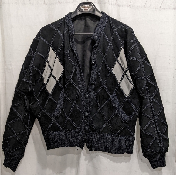 Vintage 70s Suede Patchwork Jacket Batwing Crochet Button-Down Black Boho Sz M - Picture 1 of 11